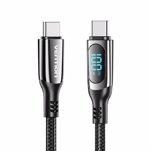 Vention puuvillane USB 2.0 C Male kuni C Male 5A kaabel LED-ekraaniga 1.2M, must, tsingi sulam