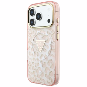 Guess IML Leopard Glitter Triangle Logo MagSafe ümbris mudelile iPhone 17 Pro Max / 18 Pro Max – värv: roosa