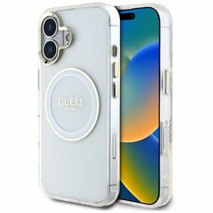 Guess IML Metal Colored Circle Classic Logo MagSafe ümbris jaoks iPhone 16 - valge