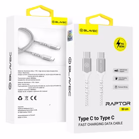 Blavec Kaabel Raptor braided - Type C to Type C - PD 60W 3A 0,5 metres Apple CarPlay/Android Auto (CRA-CC3WS05) valge-hõbedane