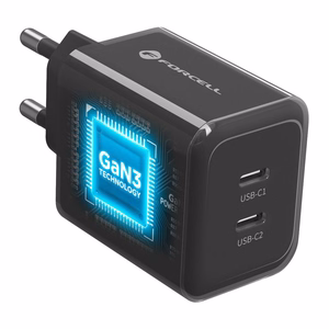 Forcell F-Energy GaN III Crystal Color VT-60 telefonilaadija, 2 × USB-C, AVS, SSFC3.0, 60 W, USB-C–USB-C silikoonkaabliga, must