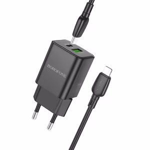 Borofone Wall Laadija BN14 Royal GaN - USB + Type C - QC 3.0 PD 30W with Type C to Lightning Kaabel must