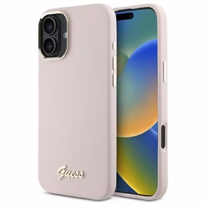 Guess Silicone Script Metal Logo & Frame iPhone 16 Plus Ümbris - roosa
