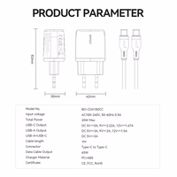 BWOO seina laadija CDA182 QC 38W 1x USB-A + 1x USB-C koos USB-C kaabliga 1 m must