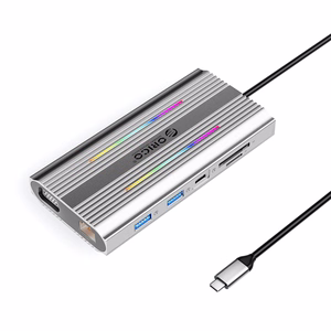 Orico XCR 12in1 RGB USB-C Docking Station 3x USB-A USB-C PD 100W HDMI 4K VGA RJ45 Gigabit SD and microSD Card Reader - Silver