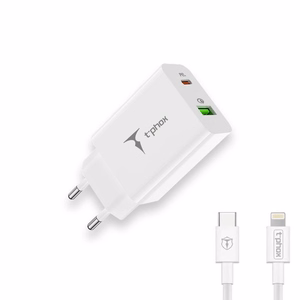 WALL CHARGER T-PHOX SPEEDY USB-C 20W/USB 18W PD QC + CABLE LIGHTNING 1M WHITE