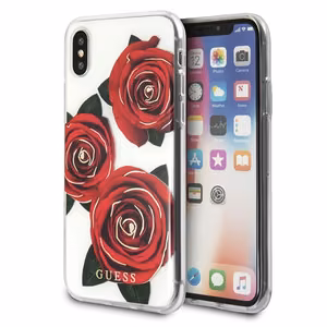 Guess Flower Desire punane Rose iPhone X Ümbris - läbipaistev