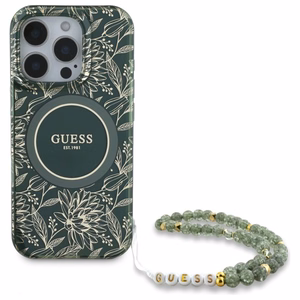 Guess IML Flowers Allover Electro With Pearl Strap MagSafe ümbris jaoks iPhone 16 Pro Max - roheline