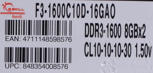 G.Skill 16GB PC3-12800 Kit mälumoodul 2 x 8 GB DDR3 1600 MHz