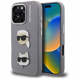 Karl Lagerfeld FW Grained Karl & Choupette Heads Pins чехол iPhone 16 Pro Max - серый