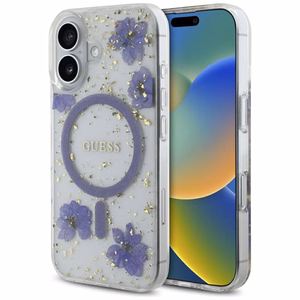 Guess Resin Flowers Glitter MagSafe ümbris jaoks iPhone 16 - lilla