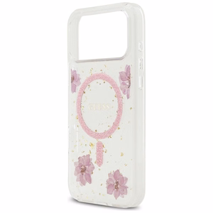 Guess Resin Flowers Glitter MagSafe ümbris jaoks iPhone 17 Pro Max roosa