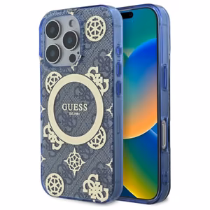 Guess IML Peony jaoks 4G Background MagSafe Ümbris jaoks iPhone 16 Pro - sinine