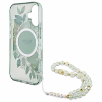 Guess IML Flowers With Pearl Strap MagSafe ümbris jaoks iPhone 16 Plus - roheline