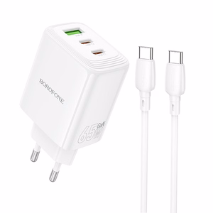 Borofone Sein laadija BN32 Cargador GaN - USB + 2xType C - QC 3.0 PD 65W koos Tüüp C to Tüüp C valge