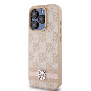 DKNY Leather Checkered Mono Pattern & Printed Stripes ümbris jaoks iPhone 15 Pro - roosa
