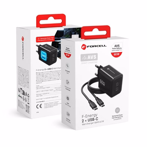 Forcell F-Energy GaN III Crystal Color VT-60 telefonilaadija, 2 × USB-C, AVS, SSFC3.0, 60 W, USB-C–USB-C silikoonkaabliga, must