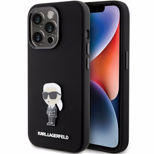 Karl Lagerfeld Silicone Ikonik Metal Pin ümbris jaoks iPhone 15 Pro - must