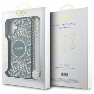Guess IML Flowers Allover Electro With Pearl Strap MagSafe ümbris jaoks iPhone 16 - roheline