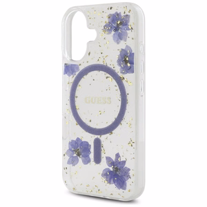 Guess Resin Flowers Glitter MagSafe ümbris jaoks iPhone 16 - lilla