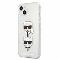 Karl Lagerfeld Glitter Karl's & Choupette Head ümbris iPhone 13 mini jaoks - hõbedane