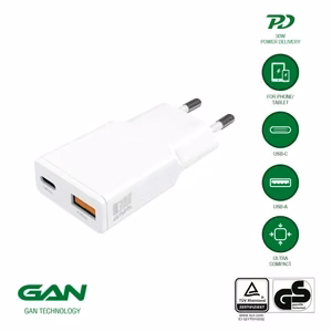Сетевое зарядное устройство PDPlug Duos Slim 30W GaN 1C+1A белый