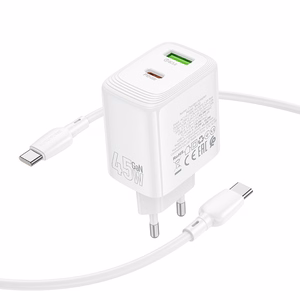 Borofone Wall Laadija BN30 Cargador GaN - USB + Type C - QC 3.0 PD 45W with Type C to Type C kaabel valge