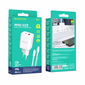 Borofone Wall Laadija BN7 - USB + Type C - QC 3.0 PD 20W with Type C to Type C Kaabel valge