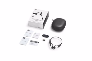 SHOKZ OpenComm2 UC 2025 juhtmevabad Bluetooth luujuhtivusega kõrvaklapid videokonverentsideks USB-C laadimispordiga ja USB-A adapteriga, mürasummutava mikrofoniga, mustad