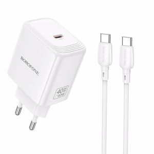 Borofone BN33 Fuente GaN USB-C võrgulaadija QC3.0 PD 40W USB-C kaabliga valge