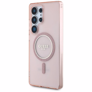 Guess Glitter Circle Classic Logo MagSafe Ümbris jaoks Samsung Galaxy S25 Ultra roosa