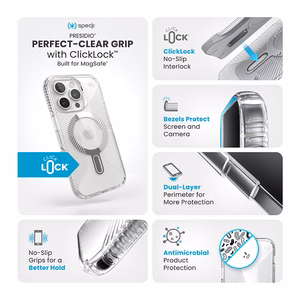 Speck Presidio Perfect-Clear Grip ClickLock & MagSafe ümbris seadmele iPhone 16 Pro, läbipaistev / kroomviimistlus / Serene Silver