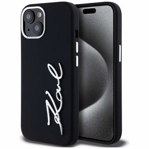Karl Lagerfeld Silicone Metal Script Logo iPhone 15 Ümbris - Must