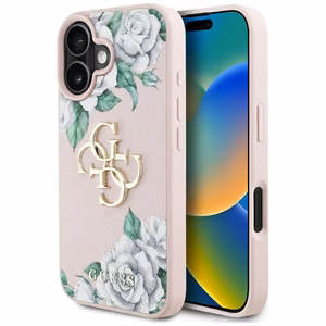 Guess Grained Roses Big 4G logo iPhone 16 ümbris - roosa