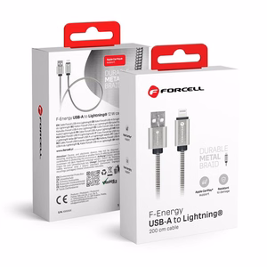 Kaabel USB A to Lightning Forcell F-Energy 2,4A 12W Metal 2 m C236 hõbedane