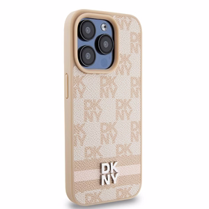 DKNY Leather Checkered Mono Pattern & Printed Stripes ümbris jaoks iPhone 15 Pro - roosa
