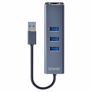 Savio AK-57 USB-A 3x USB-A jaotur koos RJ-45 Gigabit Ethernet adapteriga, USB 3.2 Gen 1, must/hall