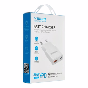 Phone laadija VEGER USB A + USB C QC PD 30W 30W1A1C valge
