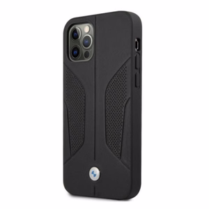 BMW nahast perforeeritud külgedega ümbris iPhone 12 Pro Max'ile - must