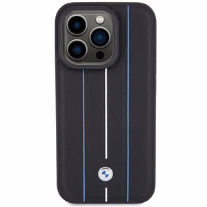 BMW nahast Stamp Blue Line ümbris iPhone 15 Pro Max must