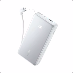 Valge akupank Anker Zolo, 22,5 W, 20000 mAh, USB-C, sisseehitatud USB-C-kaabel
