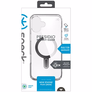 Speck Presidio Perfect-Clear MagSafe'i ja ClickLocki toega ümbris iPhone 16 Plus-le, Clear/Chrome
