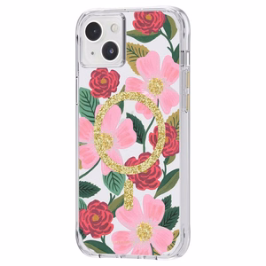 Rifle Paper Clear MagSafe ümbris seadmele iPhone 14 Plus, kuldset tooni kaunistusega, Rose Garden mustriga