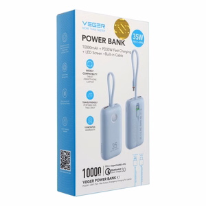 Powerbank Veger K1 (W1188) PD QC3.0 35W 10000 mAh with built-in USB-C cables / Lightning blue