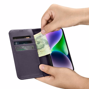 iCarer Rahakott ümbris 2in1 Case iPhone 14 nahast Flip Cover Anti-RFID tumelilla (WMI14220725-DP)