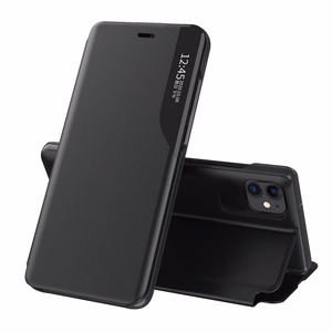 Eco Leather View Case elegantne raamaturiiuli tüüpi ümbris koos jalutusalusega iPhone 13 Pro jaoks must