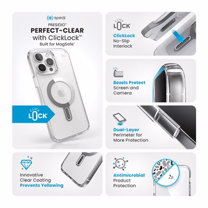 Speck Presidio Perfect-Clear MagSafe'i ja ClickLocki toega ümbris iPhone 16 Pro Max-le, Clear/Chrome