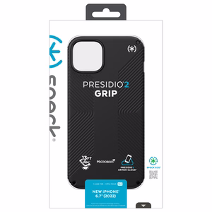 Speck Presidio2 Grip ümbris seadmele iPhone 15 Plus / 14 Plus, libisemiskindla haardega, Black / Black / White värvikombinatsioon