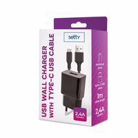 Setty laadija 1x USB 2,4A must + USB-C kaabel 1,0 m UUSI