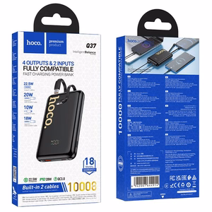 Akupank Hoco 10000 mAh QC PD 22,5W sisseehitatud kaablitega USB C + Lightning Q37 must